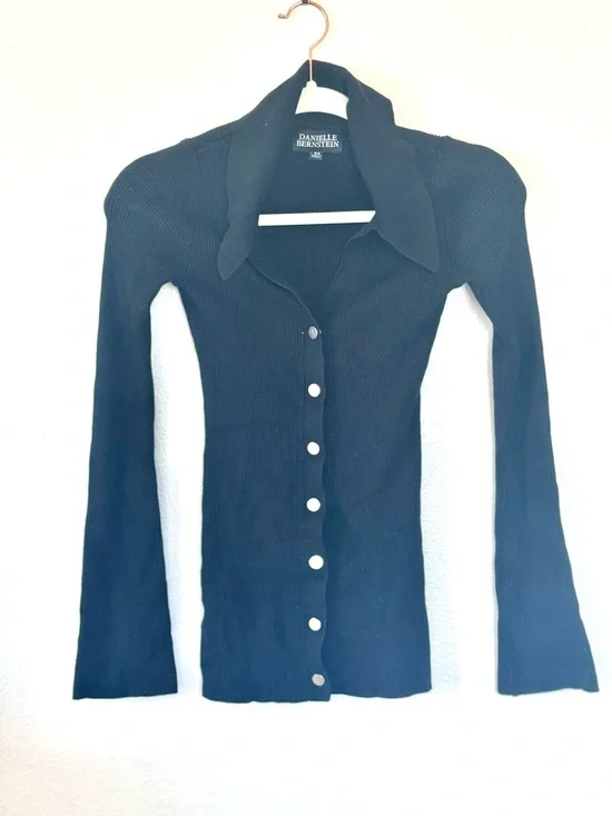 Danielle Bernstein Black Rubbed Button Cardigan Sweater Bell Sleeve XS - Picture 2 of 8